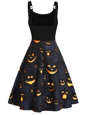 Gothic Dress Smiling Pumpkin Pattern A Line Dress High Waisted Midi Halloween Dress 