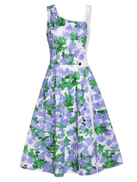 Colored Floral Dress Vacation Dress Skew Neck Slit High Waisted A Line Mini Dress