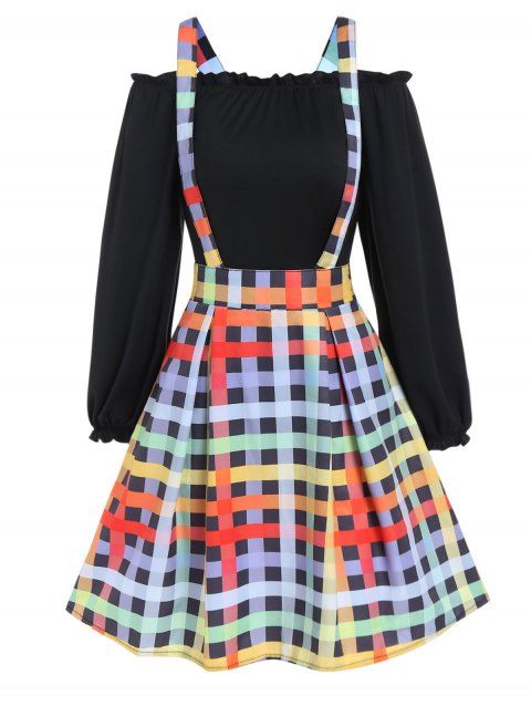 Ruffle Off the Shoulder Top And Colored Plaid Print A Line Mini Suspender Skirt Set