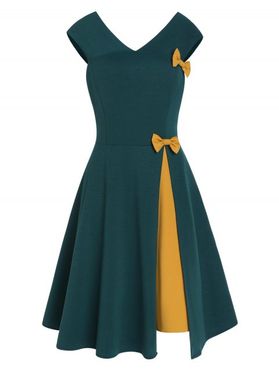 Colorblock Dress Slit Bowknot High Waisted Dress V Neck Casual A Line Mini Dress