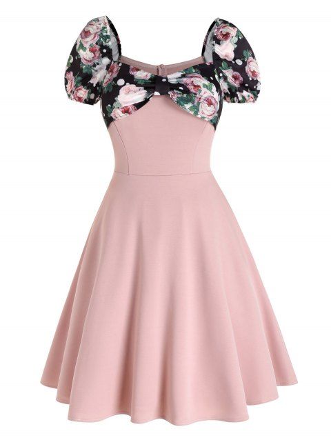 Vintage Dress Flower Polka Dots Print Mini Dress Sweetheart Neck Short Sleeve A Line Dress