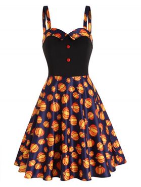 Halloween Dress Pumpkin Print Mock Button Foldover High Waisted A Line Mini Gothic Dress