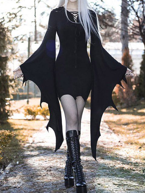 Cosplay Dress Lace Up Bat Lace Insert Bodycon Mini Gothic Dress