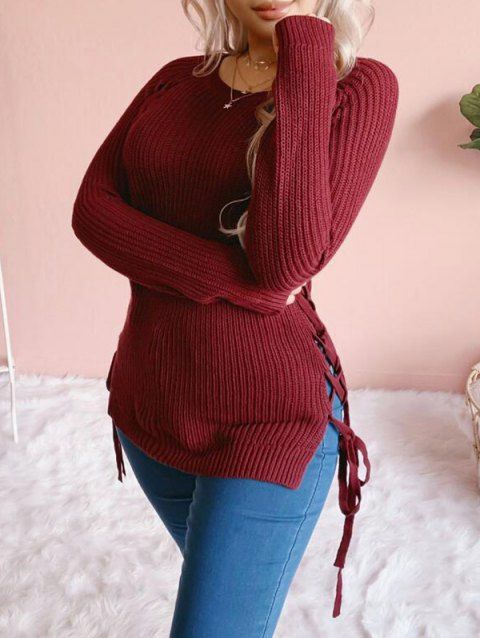 Raglan Sleeve Lace Up Slit Sweater Pure Color Crew Neck Pullover Sweater