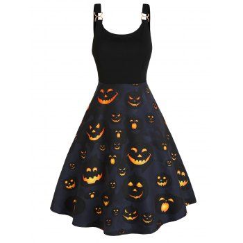 

Gothic Dress Smiling Pumpkin Pattern A Line Dress High Waisted Midi Halloween Dress, Black