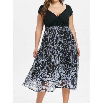 

Plus Size Dress Surplice Flower Printed Polka Dot High Waisted A Line Mini Dress, Black