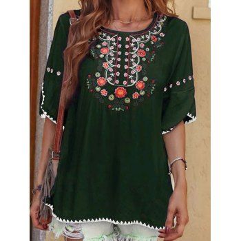 

Ethnic Style T Shirt Flower Printed Tulip Raglan Sleeve Casual Tee, Black