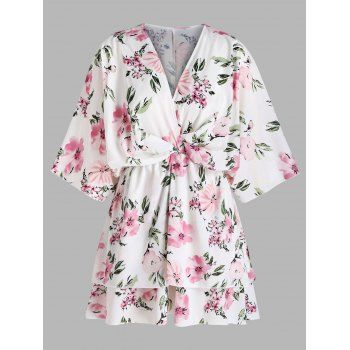 

Floral Dress Layered Dress Plunging Neck Wide Sleeve Ruched A Line Mini Dress, Light pink