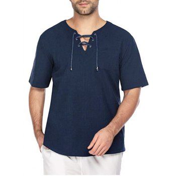 

Lace Up T Shirt Short Sleeve Pocket Patch Plain Color Casual Tee, Deep blue