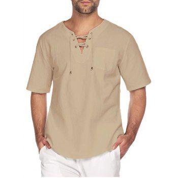 

Lace Up T Shirt Short Sleeve Pocket Patch Plain Color Casual Tee, Light coffee