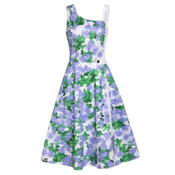 

Colored Floral Dress Vacation Dress Skew Neck Slit High Waisted A Line Mini Dress, Purple