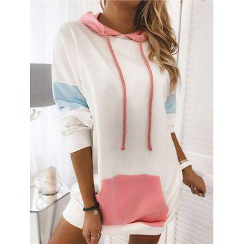 

Drop Shoulder Colorblock Hoodie Kangaroo Pocket Drawstring Long Loose Hoodie, White