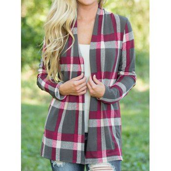

Colored Plaid Print Top Open Front Long Sleeve Casual Top, Gray