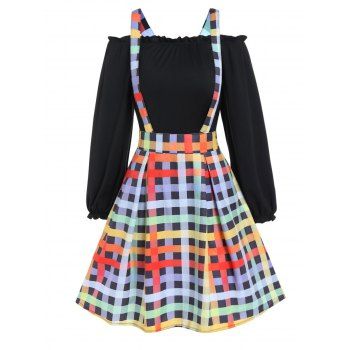 

Ruffle Off the Shoulder Top And Colored Plaid Print A Line Mini Suspender Skirt Set, Black
