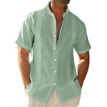 

Plain Color Embroidery Shir Short Sleeve Button Up Casual Shirt, Green