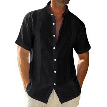 

Plain Color Embroidery Shir Short Sleeve Button Up Casual Shirt, Black