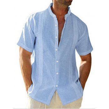 

Plain Color Embroidery Shir Short Sleeve Button Up Casual Shirt, Blue