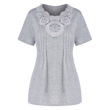 

Heather T Shirt Hollow Out Geometric Lace Panel Pintuck Summer Casual Top, Light gray