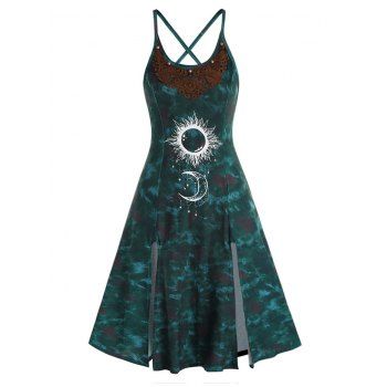 

Tie Dye Celestial Sun Moon Print Midi Dress High Slit Flower Crochet Lace Applique Tank Dress, Green
