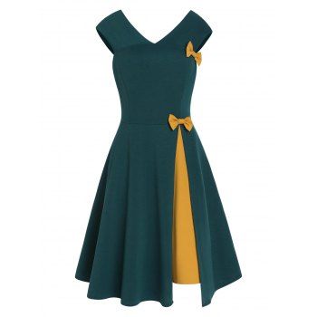 Colorblock Dress Slit Bowknot 