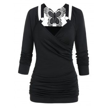 Butterfly Lace Insert T Shirt Surplice V Neck Ruched Cinched Long Sleeve Tee