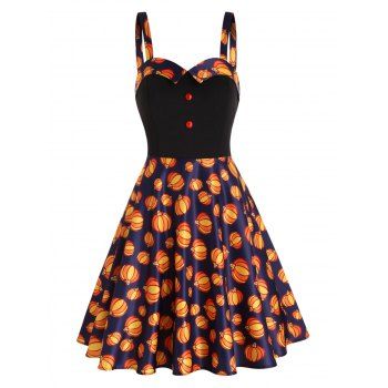 

Halloween Dress Pumpkin Print Mock Button Foldover High Waisted A Line Mini Gothic Dress, Orange