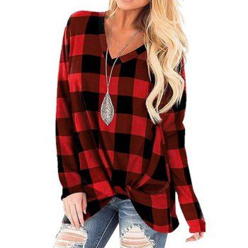 

Plaid Print Twisted T Shirt Long Sleeve V Neck Casual Tee, Red