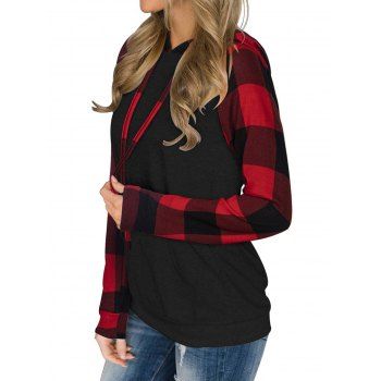

Plaid Print Raglan Sleeve Hoodie Kangaroo Pocket Drawstring Hoodie, Red