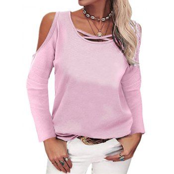 

Cold Shoulder T Shirt Crisscross Solid Color Casual Long Sleeve Tee, Light pink