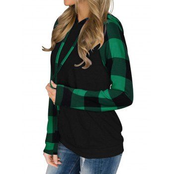 

Plaid Print Raglan Sleeve Hoodie Kangaroo Pocket Drawstring Hoodie, Green