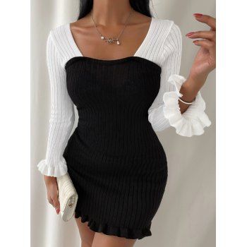 

Two Tone Knit Bodycon Dress Ribbed Ruffles Hem Bowknot Long Sleeve Knitted Mini Dress, Black