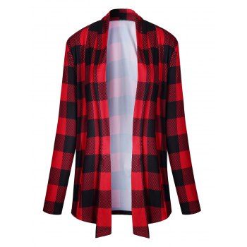 

Plaid Print Top Open Front Top Casual Long Sleeve Top, Red