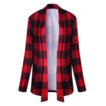 

Plaid Print Top Open Front Top Casual Long Sleeve Top, Red