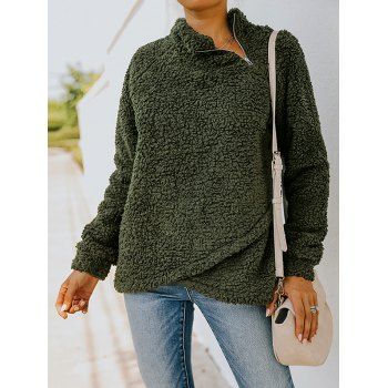 

Fluffy Sweatshirt Solid Color Zipper Crossover Long Sleeve Casual Sweatshirt, Deep green