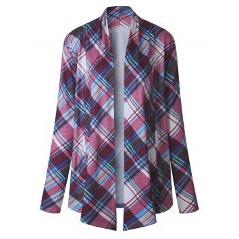 

Plaid Print Top Open Front Top Casual Long Sleeve Top, Light purple