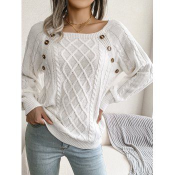 

Cable Knit Sweater Mock Button Raglan Sleeve Crew Neck Pullover Sweater, White