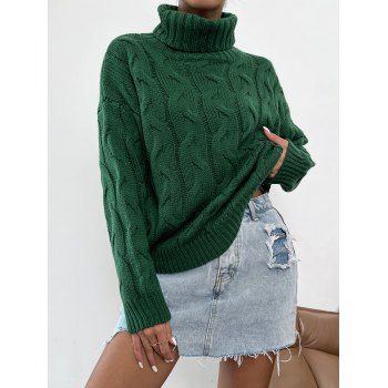 

Turtleneck Drop Shoulder Cable Knit Jumper Sweater, Deep green