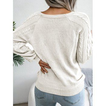 Cable Knit Sweater Mock Button Raglan Sleeve Crew Neck Pullover Sweater