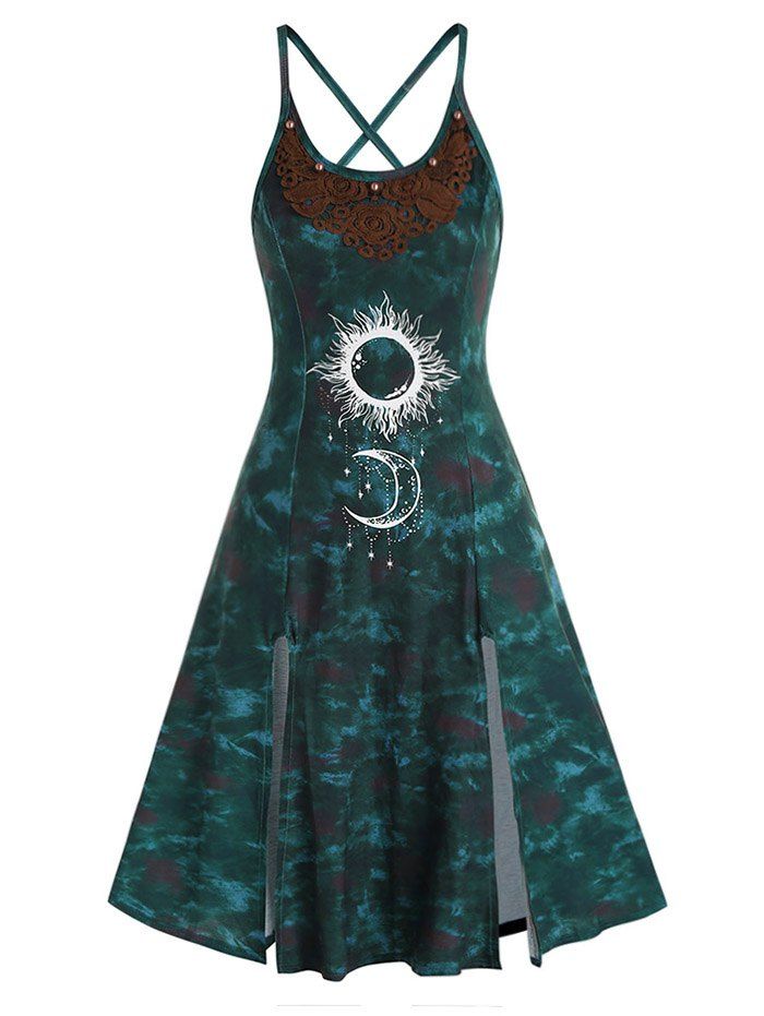 Robe Mi-Longue Fente Haute Applique Au Crochet Fleur Lune et Soleil en Dentelle - Vert XL
