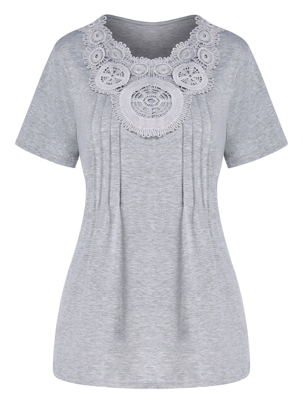 Heather T Shirt Hollow Out Geometric Lace Panel Pintuck Summer Casual Top - LIGHT GRAY 3XL