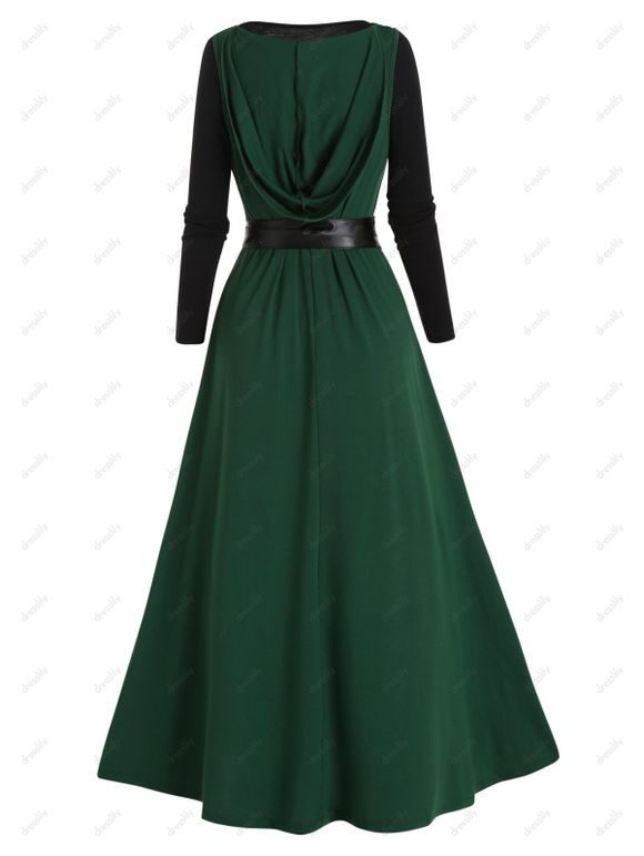 Ensemble de Haut à Capuche Long à Fente Haute et de Mini Robe en Dentelle Insérée Deux Pièces - Vert profond L