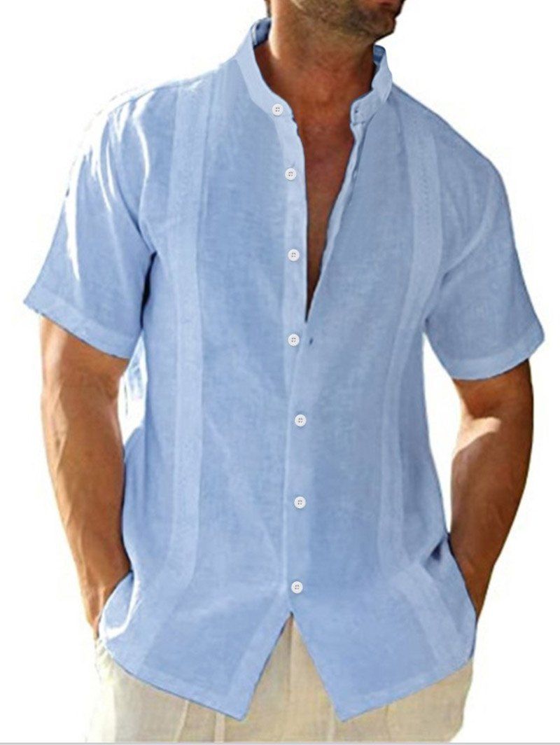 Plain Color Embroidery Shir Short Sleeve Button Up Casual Shirt - BLUE 3XL