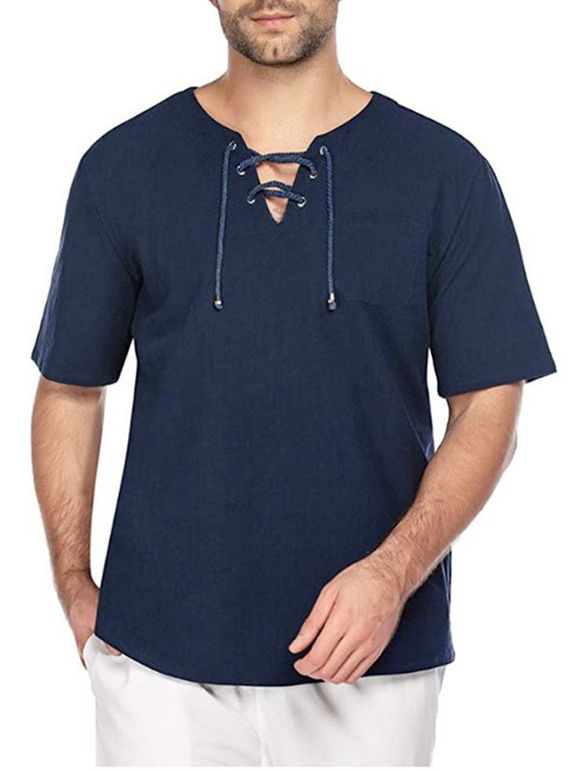 T-shirt Décontracté Simple Patch avec Poche Manches Courtes à Lacets - Bleu profond 3XL