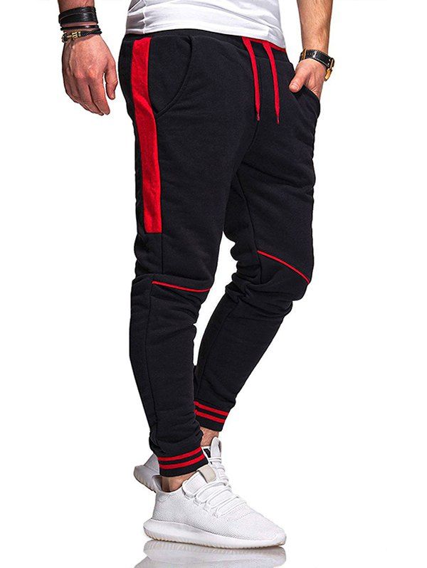 Pantalon de Survêtement de Sport Jointif à Imprimé Rayure Contrastée à Cordon - Noir 2XL