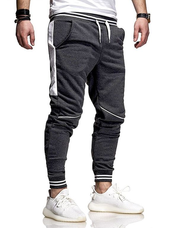 Pantalon de Survêtement de Sport Jointif à Imprimé Rayure Contrastée à Cordon - Gris M