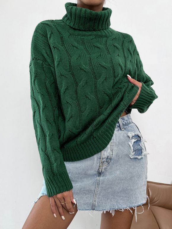 Pull en Tricot à Câble Goutte Epaule à Col Roulé - Vert profond M