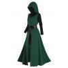 High Slit Longline Hooded Top And Sheer Lace Insert Long Sleeve Mini Tee Dress Two Piece Set - DEEP GREEN XL