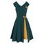 Mini Robe Ligne A Décontractée Fendue en Blocs de Couleurs à Taille Haute avec Nœud Papillon - Vert profond 2XL