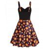 Halloween Dress Pumpkin Print Mock Button Foldover High Waisted A Line Mini Gothic Dress - ORANGE 2XL
