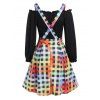 Ruffle Off the Shoulder Top And Colored Plaid Print A Line Mini Suspender Skirt Set - BLACK XXXL